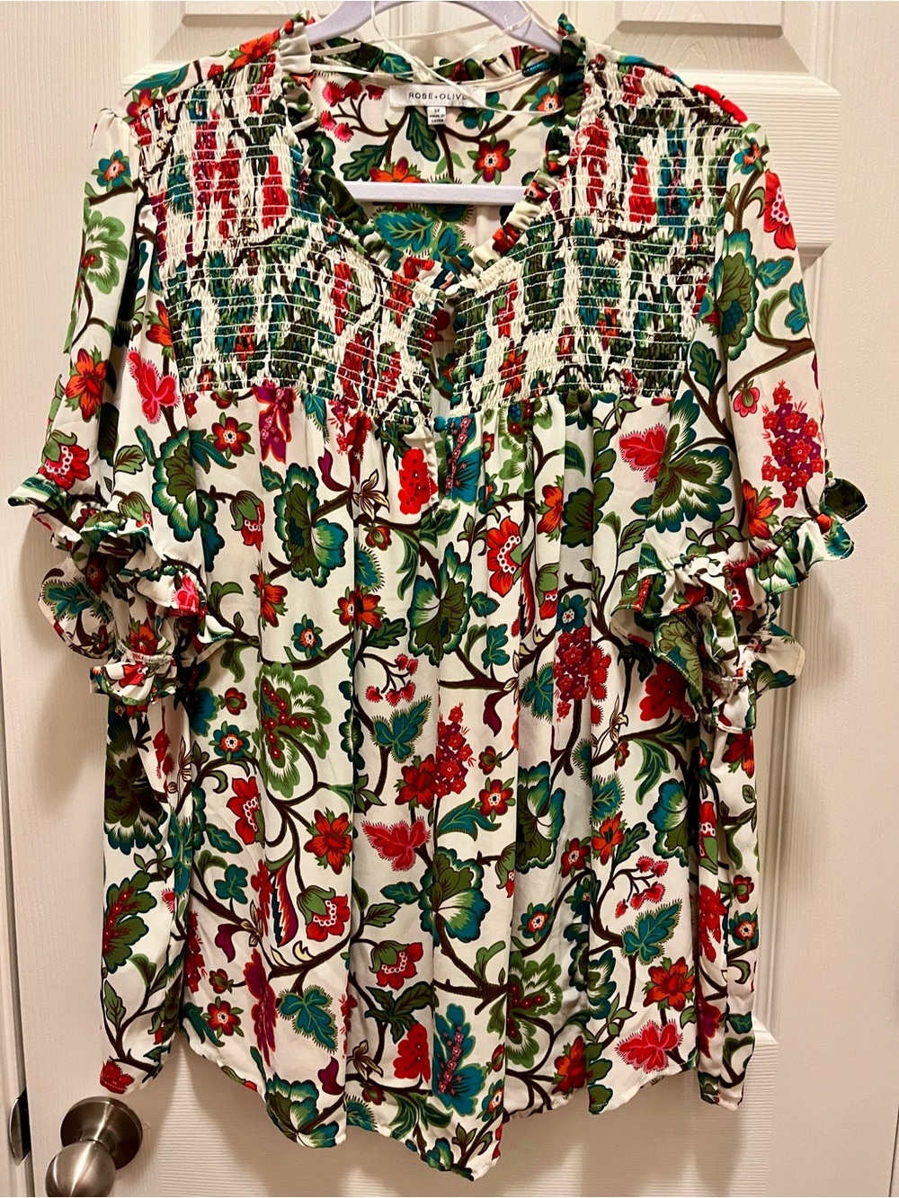 Rose + Olive 3X Floral Smocked Ruffle Sleeve Blouse Boho Top